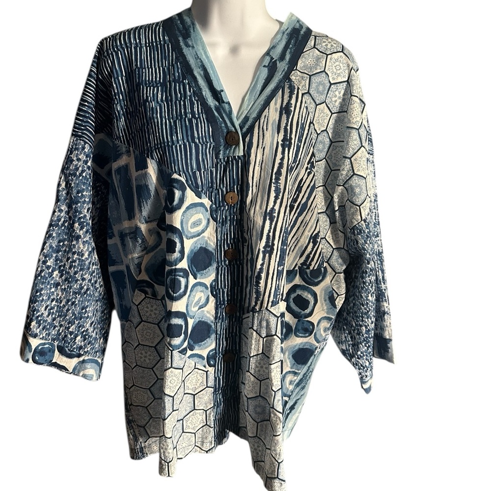 Sacred Threads Blue and White Patchwork Blazer - image 1